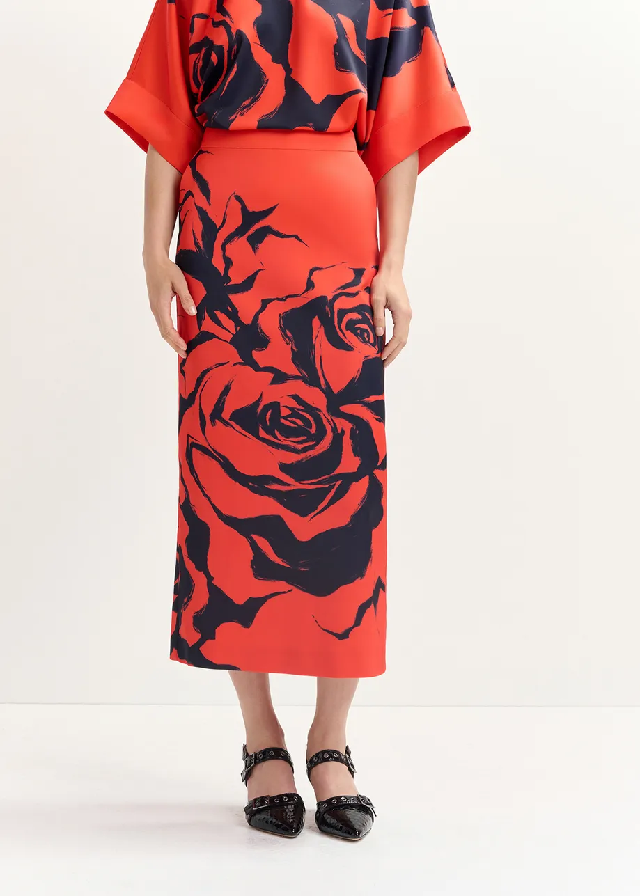 Red maxi-length skirt with floral print