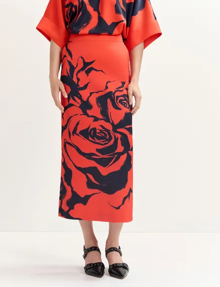 Red maxi-length skirt with floral print