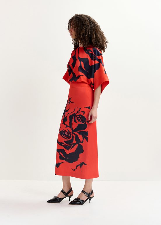 Red maxi-length skirt with floral print