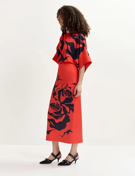 Red maxi-length skirt with floral print