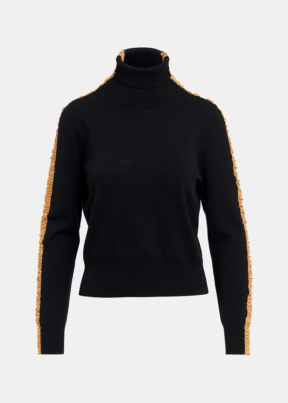 Black turtleneck knit sweater with golden stripes