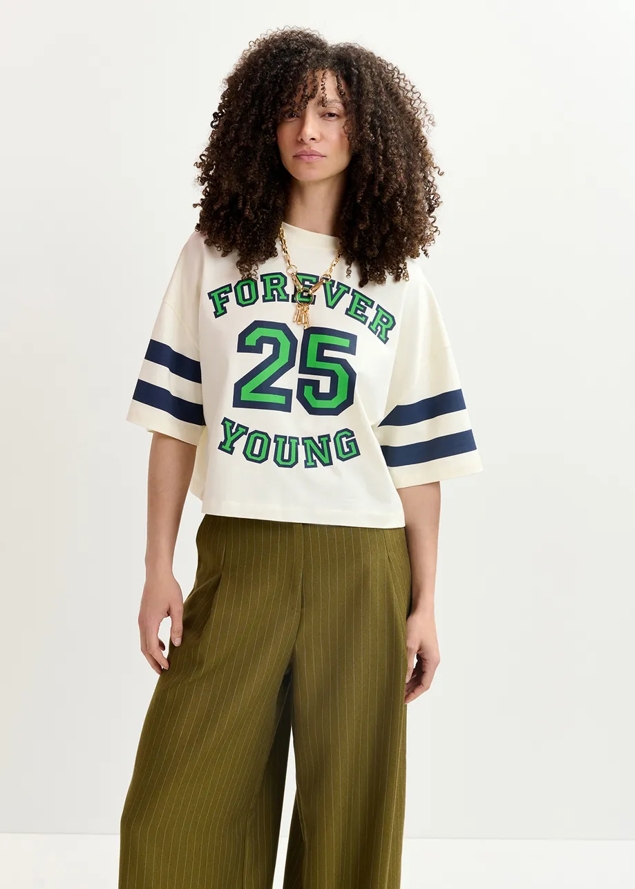 Ecru organic cotton cropped T-shirt with "25"-print