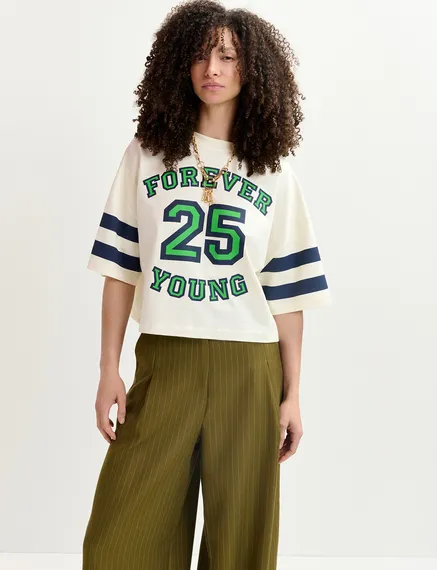 Ecru organic cotton cropped T-shirt with "25"-print