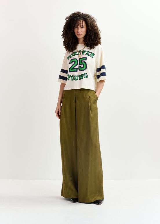 Ecru organic cotton cropped T-shirt with "25"-print