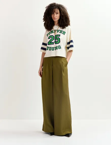 Ecru organic cotton cropped T-shirt with "25"-print