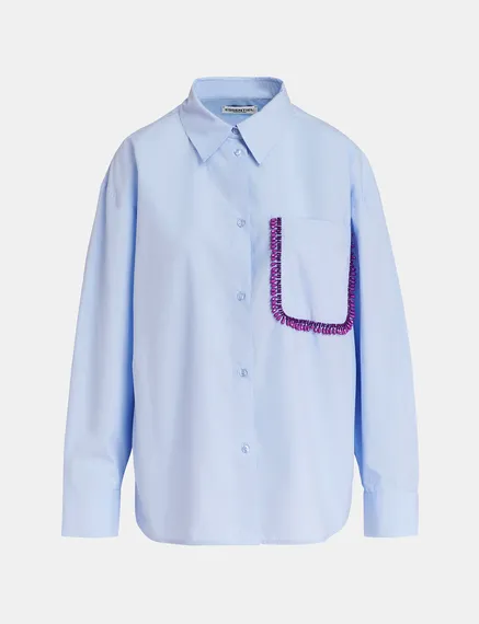 Camicia azzurra in cotone con ricamo con perline