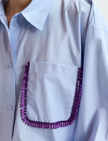 Light blue cotton shirt with beaded embroidery