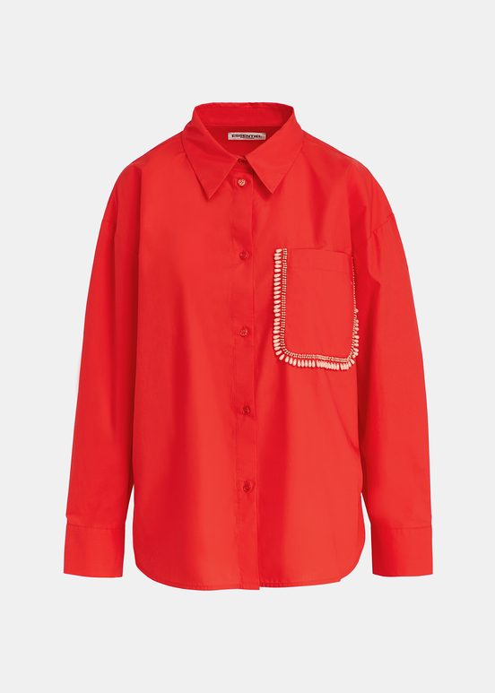 Red cotton shirt with beaded embroidery