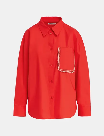 Red cotton shirt with beaded embroidery