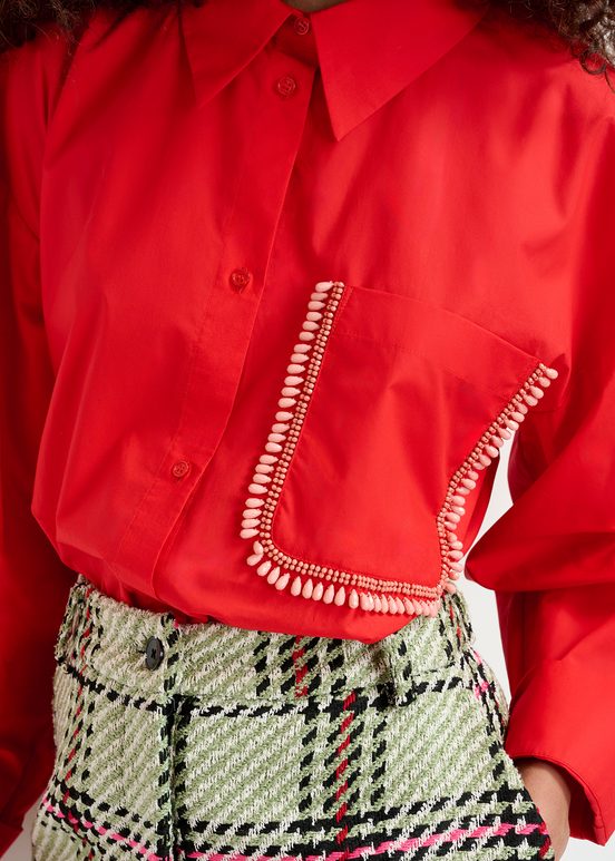 Red cotton shirt with beaded embroidery