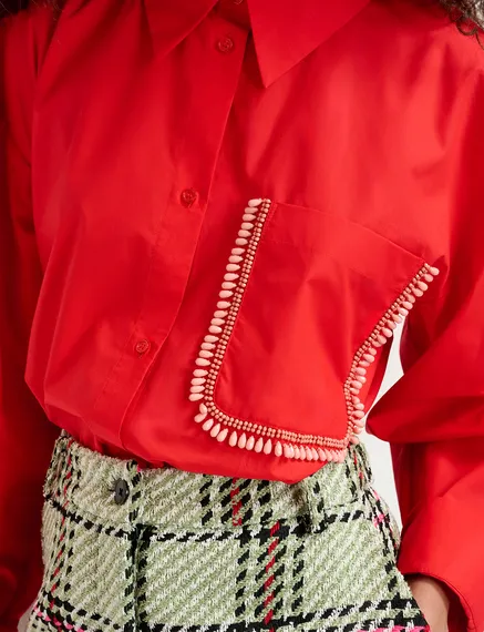 Red cotton shirt with beaded embroidery