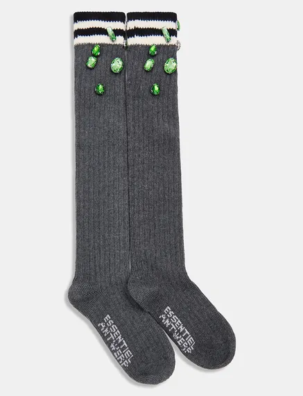 Dark grey long rib-knitted socks with rhinestone embellishments