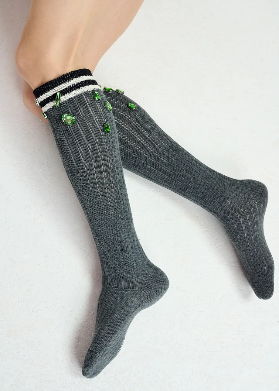 Dark grey long rib-knitted socks with rhinestone embellishments