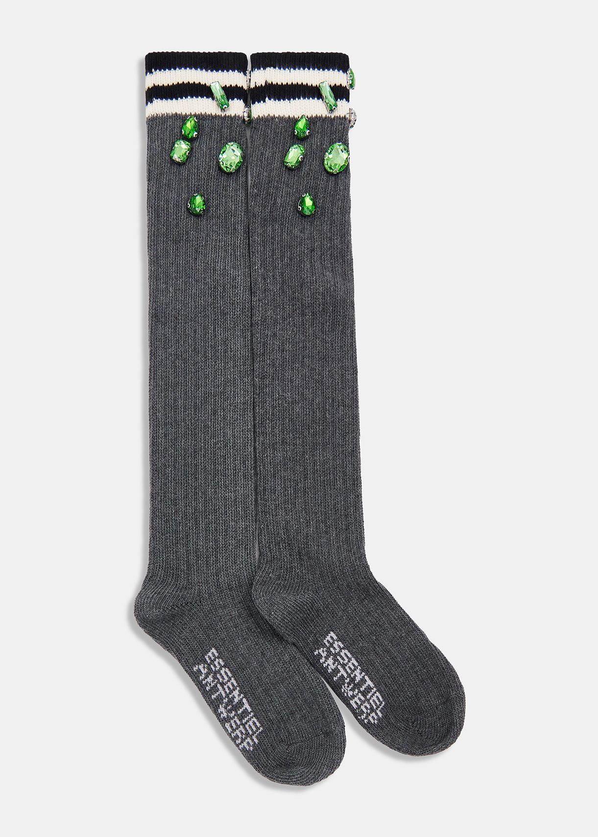 Dark grey long rib-knitted socks with rhinestone embellishments