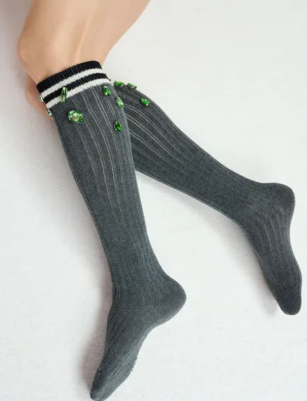 Dark grey long rib-knitted socks with rhinestone embellishments