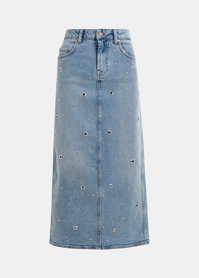 Blue eyelet-embellished denim midi skirt