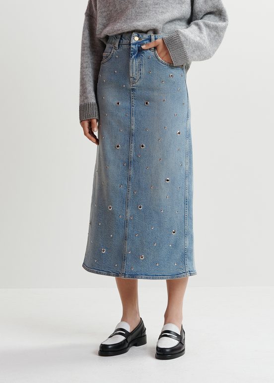 Blue eyelet-embellished denim midi skirt