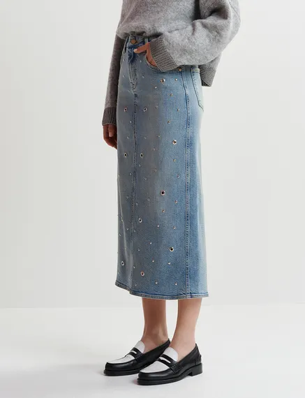 Blue eyelet-embellished denim midi skirt