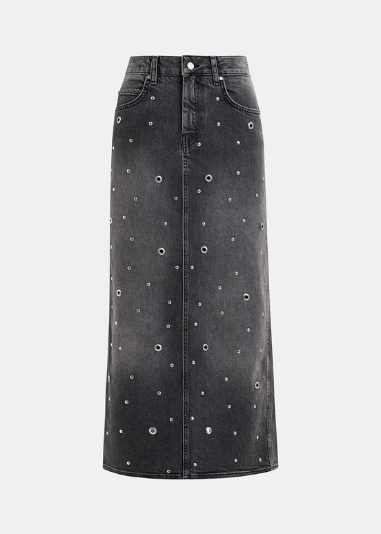 Grey eyelet-embellished denim midi skirt