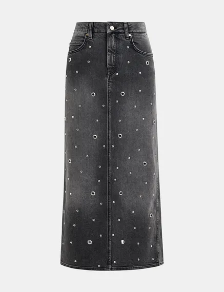 Grey eyelet-embellished denim midi skirt