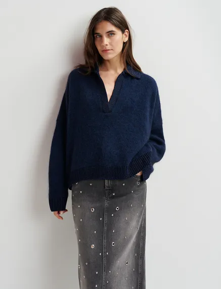 Jupe midi en denim gris orné d'œillets