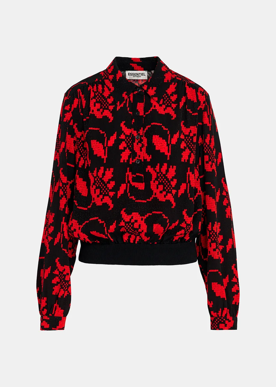 Black and red floral-print polo top