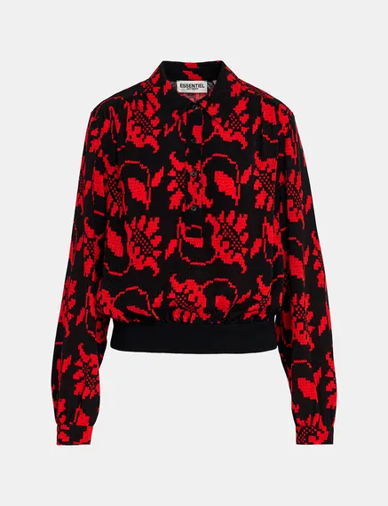 Black and red floral-print polo top