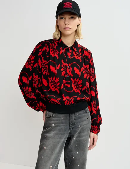 Black and red floral-print polo top