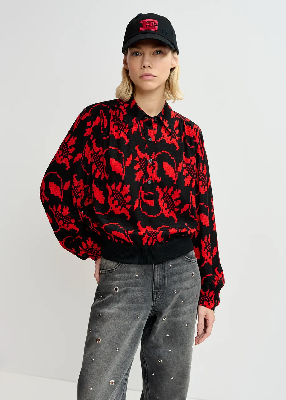 Black and red floral-print polo top