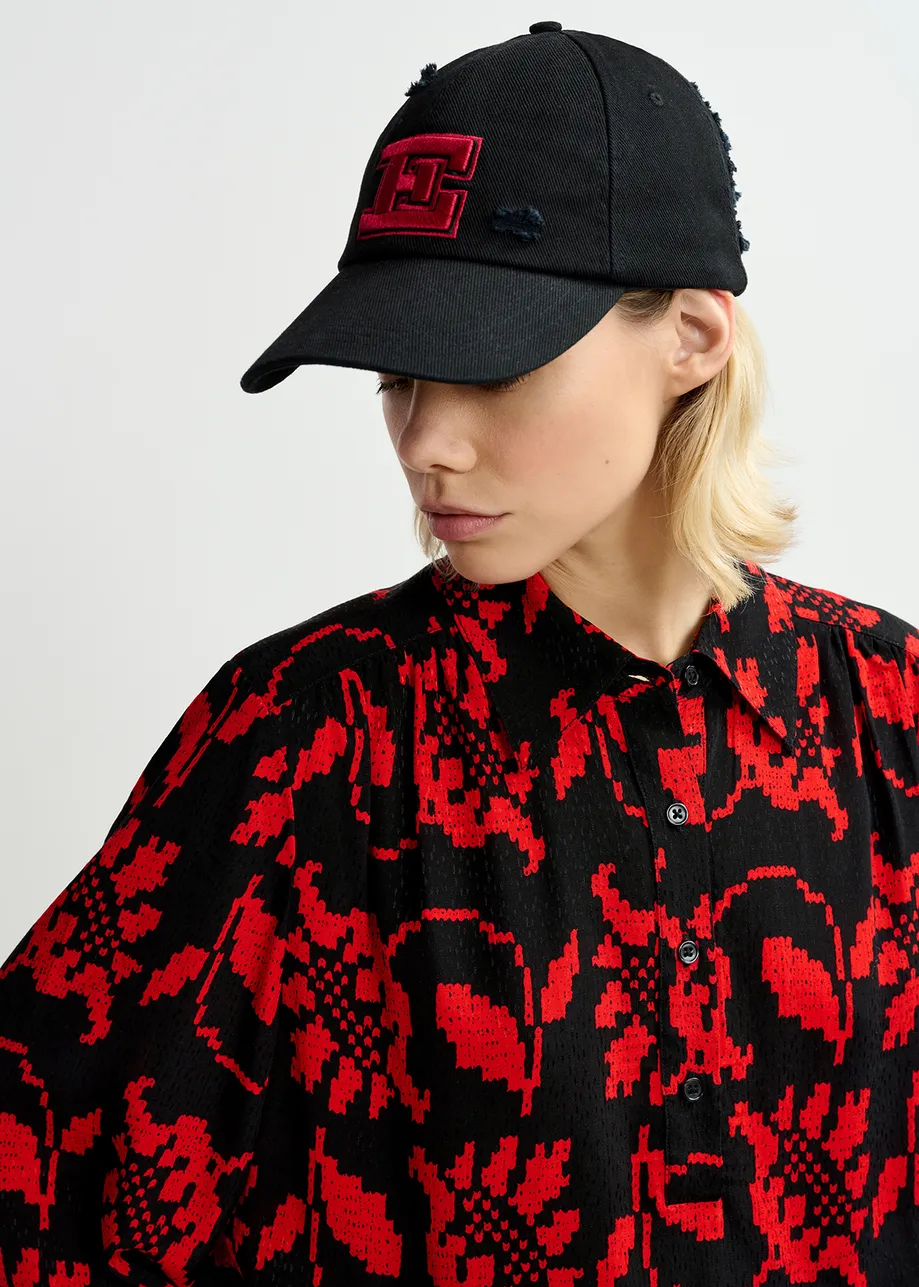 Black and red floral-print polo top