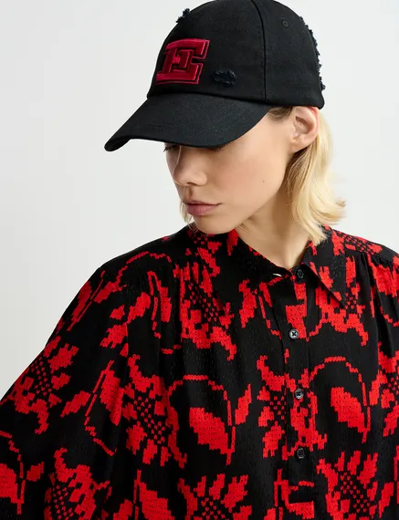 Black and red floral-print polo top