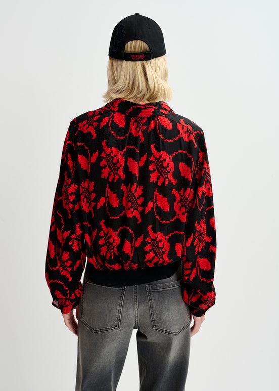 Black and red floral-print polo top