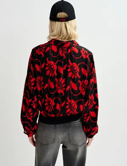 Black and red floral-print polo top