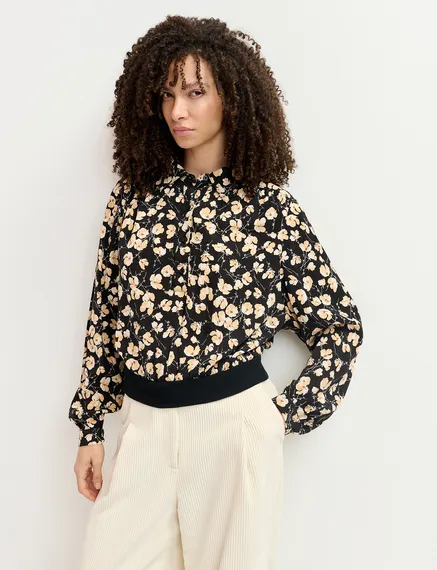 Black floral-print polo top