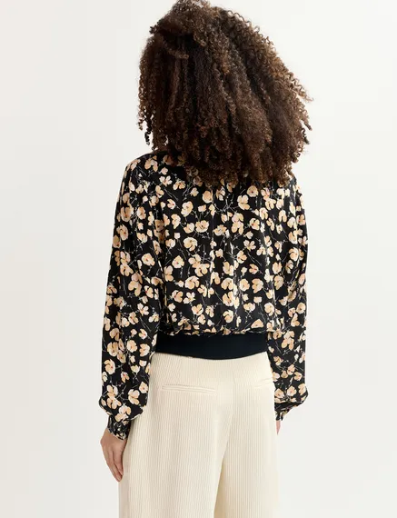 Black floral-print polo top