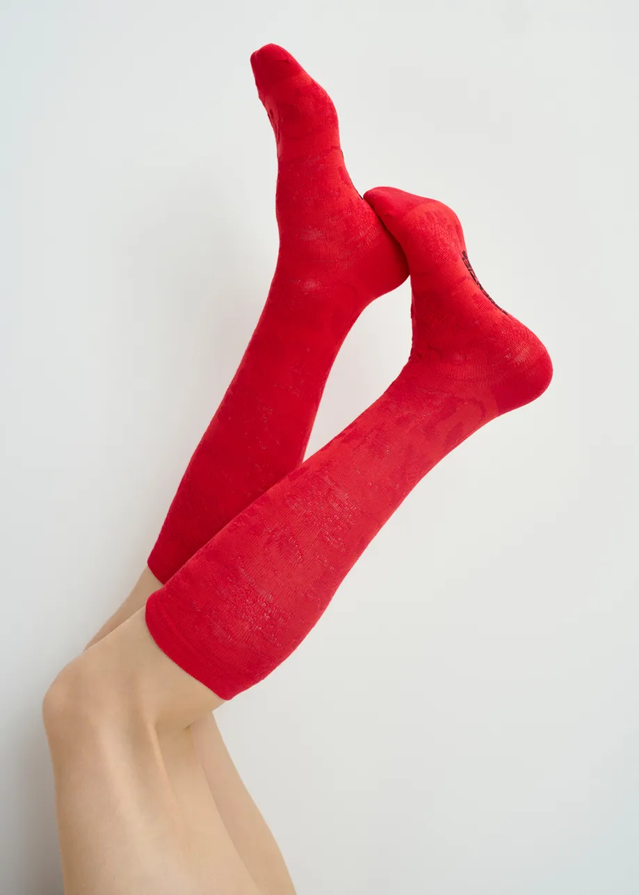 Red floral-jacquard socks