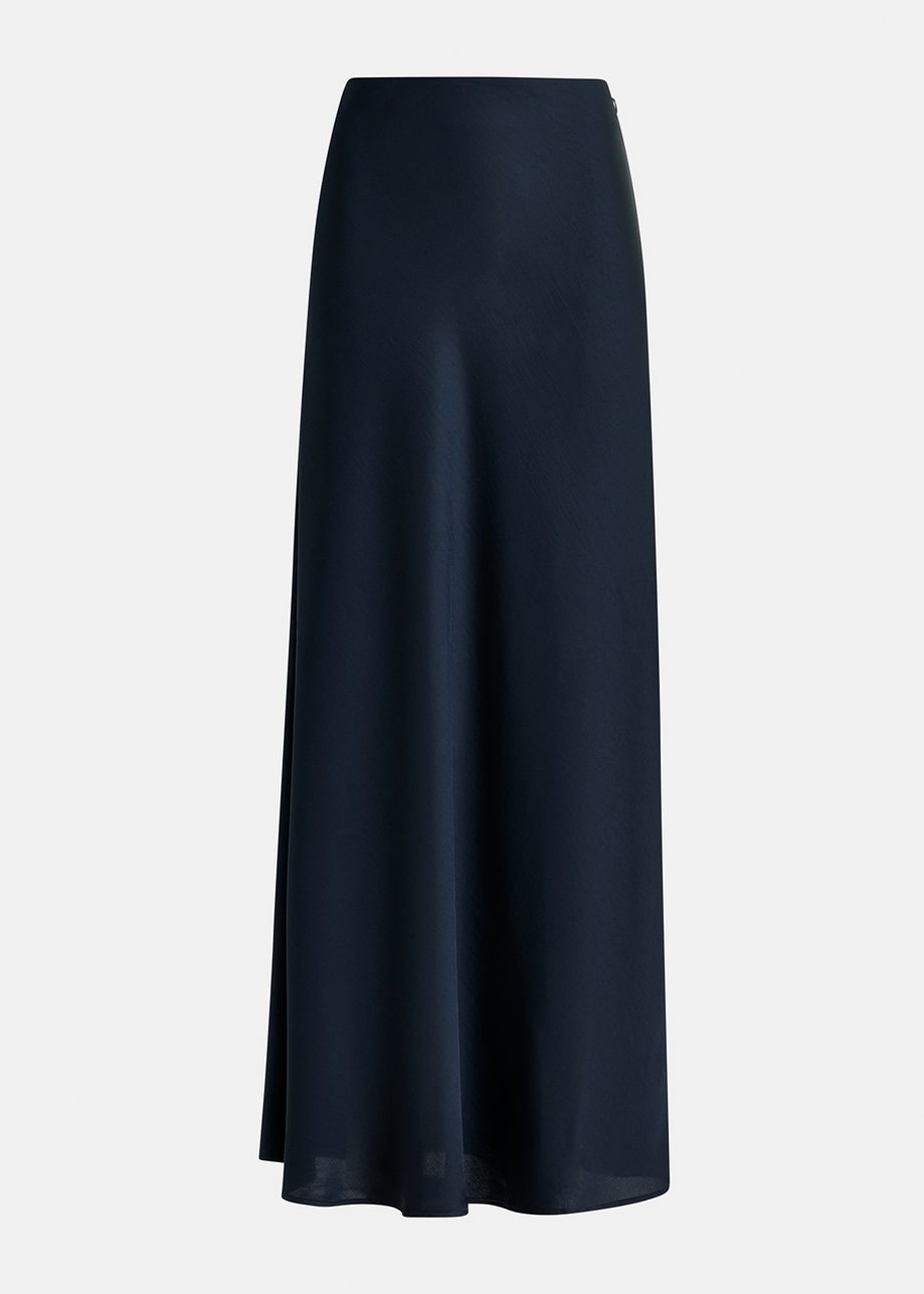 Navy blue satin maxi-length skirt