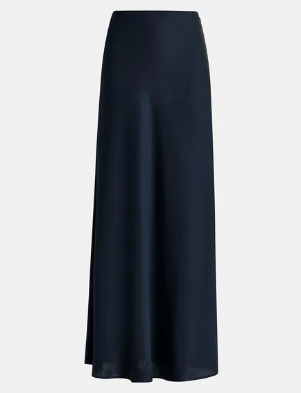 Navy blue satin maxi-length skirt