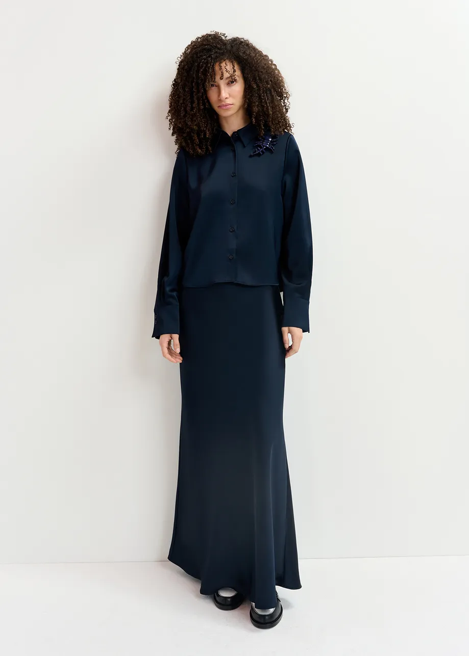 Navy blue satin maxi-length skirt