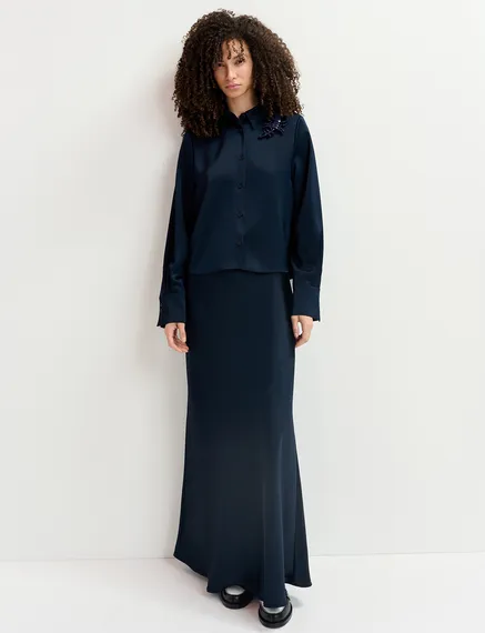 Navy blue satin maxi-length skirt