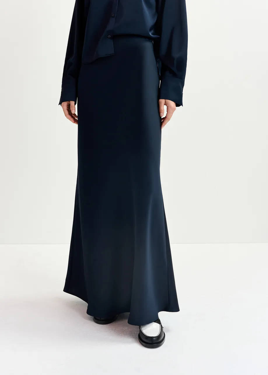 Navy blue satin maxi-length skirt