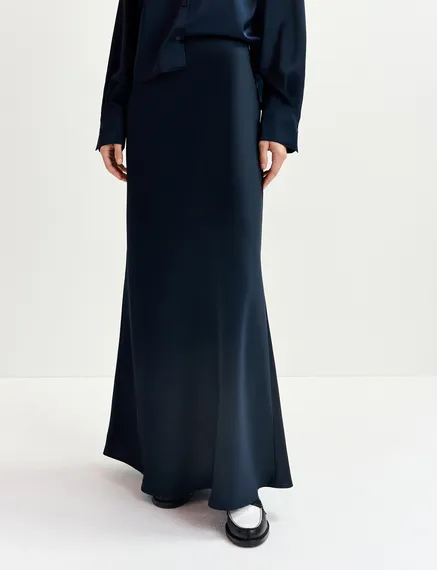 Navy blue satin maxi-length skirt