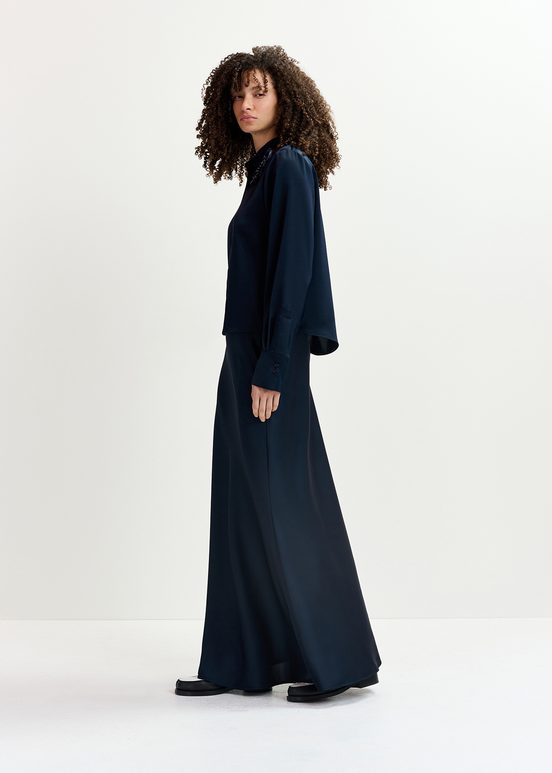 Navy blue satin maxi-length skirt