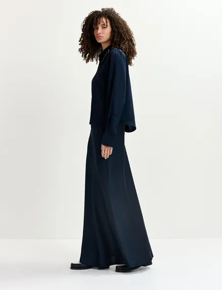 Navy blue satin maxi-length skirt