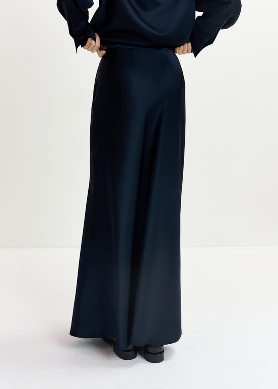 Navy blue satin maxi-length skirt