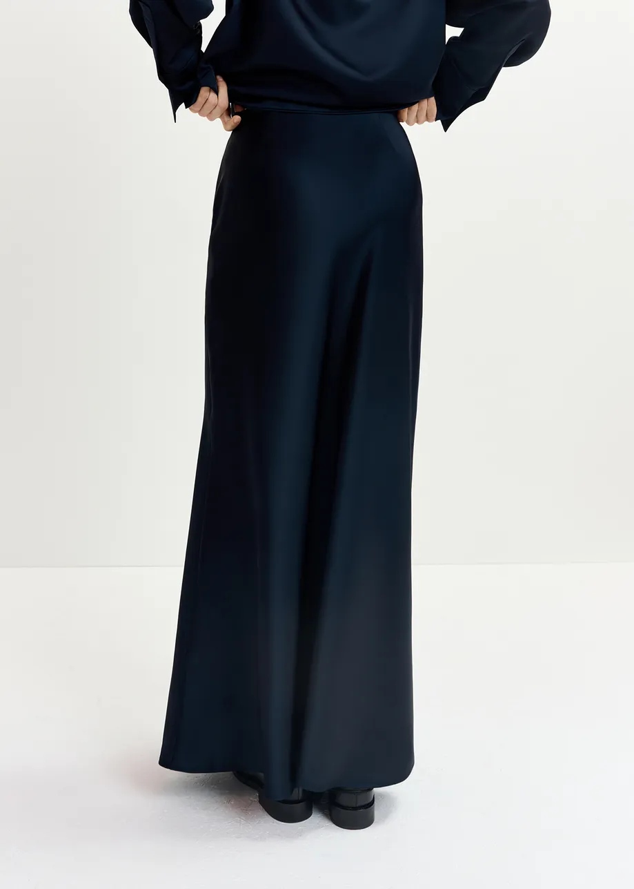 Navy blue satin maxi-length skirt