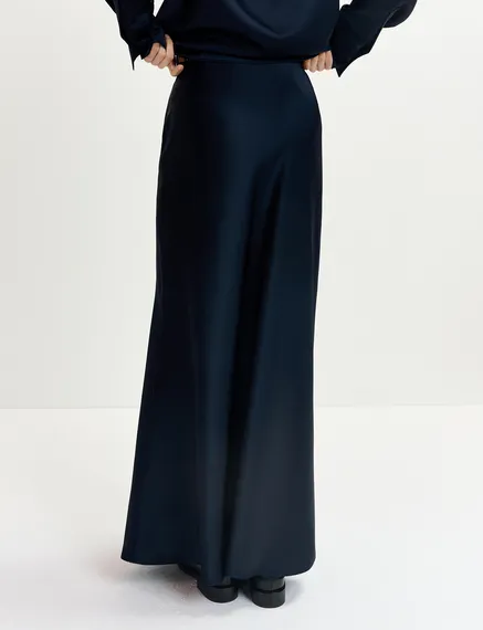 Navy blue satin maxi-length skirt