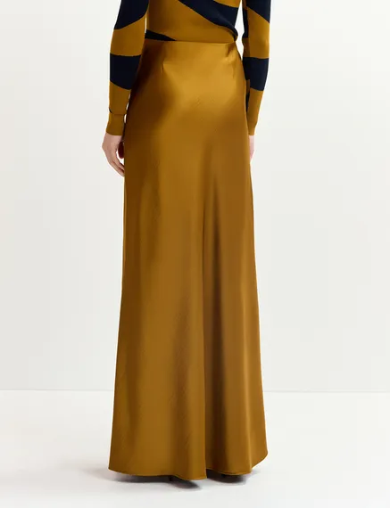 Bronze satin maxi-length skirt