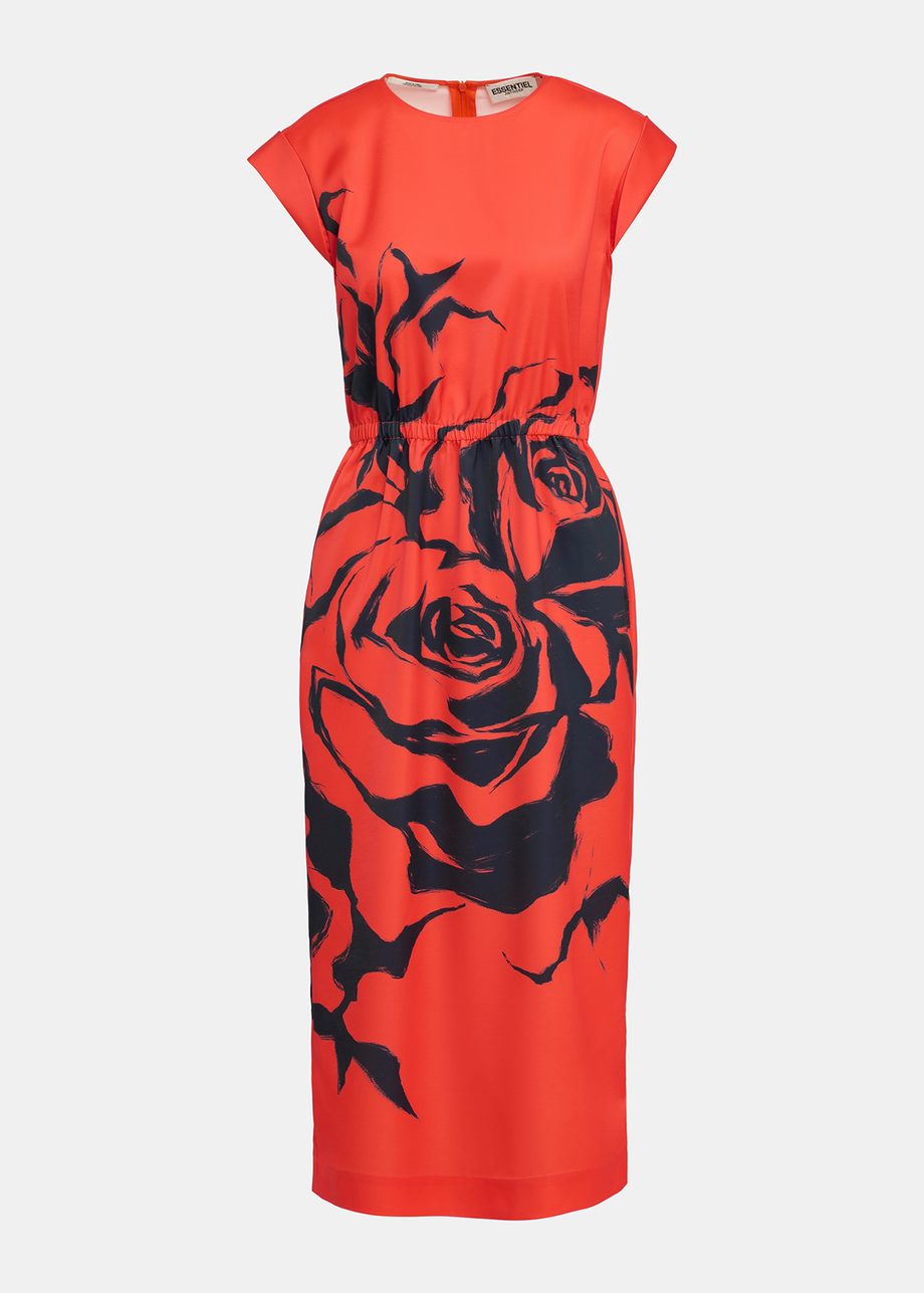 Red midi-length dress with floral print