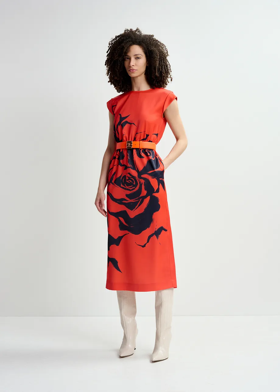 Red midi-length dress with floral print